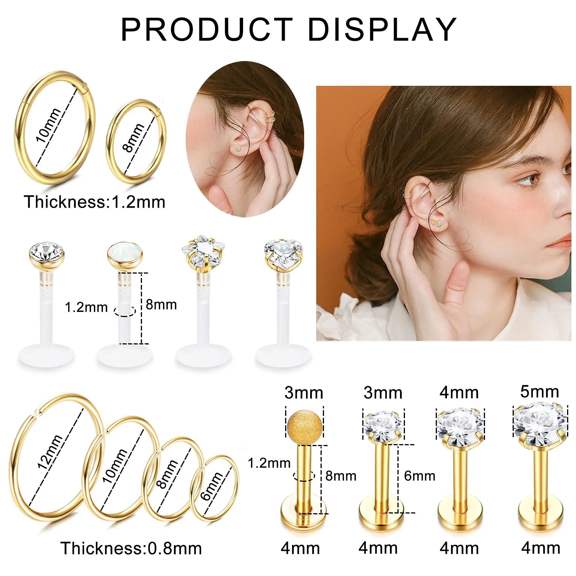 Drperfect 16G orecchini cartilagine Stud Hoop per le donne in acciaio inox Forward Helix Piercing Tragus Conch Piercing Jewelry