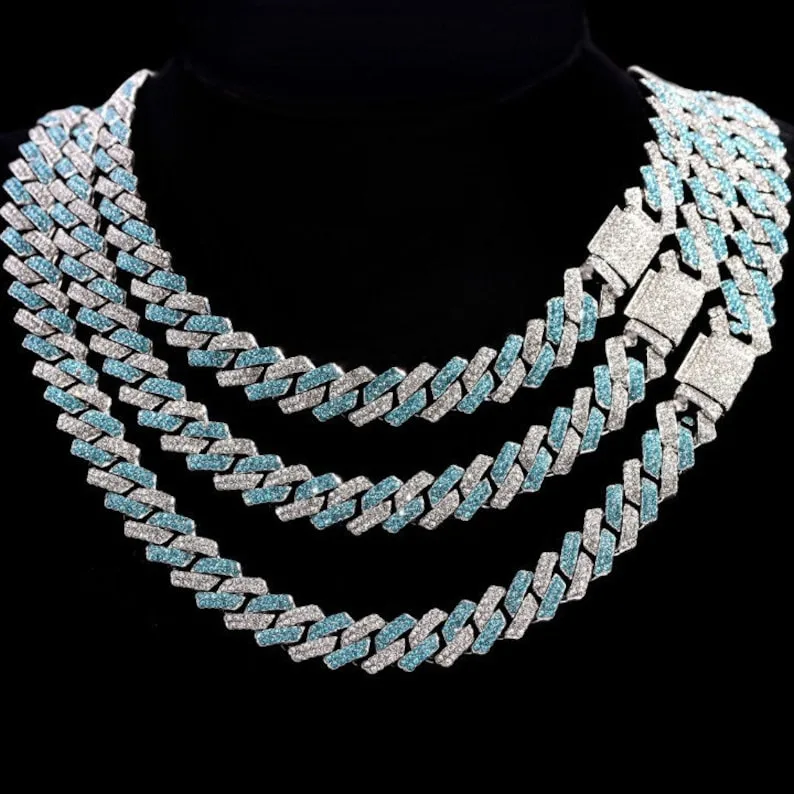 Hiphop 15mm Jewelry Cuban Link Chain 925 Silver Iced Out Two Tone Blue White VVS Moissanite Cuban Chain.