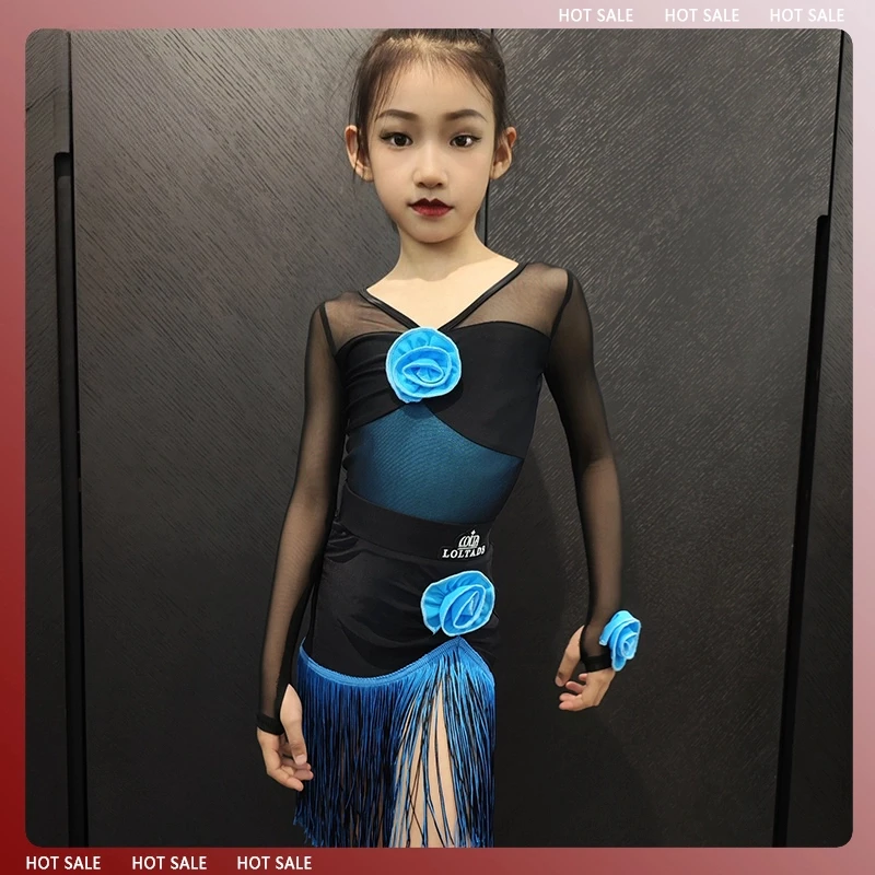 Girls Black Mesh Blue Floral Tassel Latin Two Piece Dress Set Kids Ballroom Cha Cha Daily Training And Stage Performance Outfit