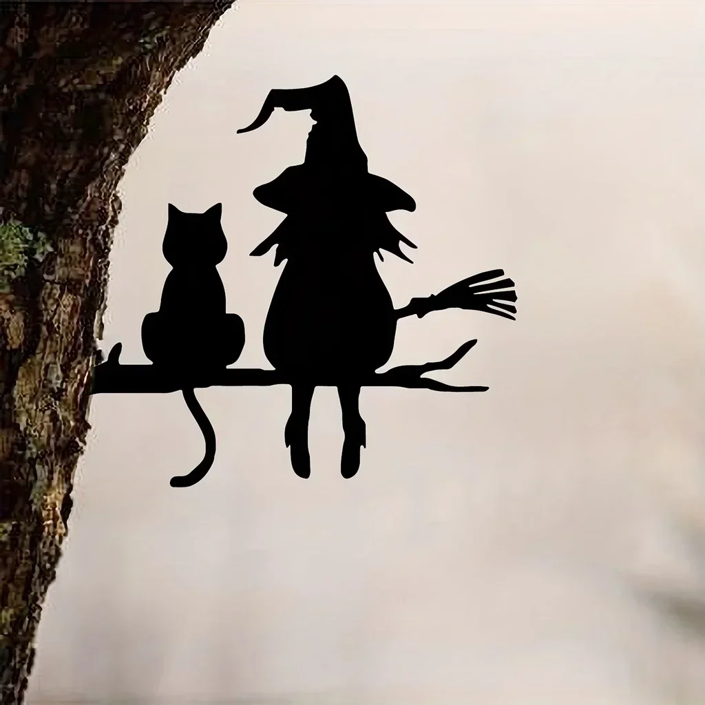 Garden Stake Iron Silhouette Cute Witch & Cat Tree Stump Plug-in Metal Yard Art Craft for Lawn Courtyard Halloween Decor