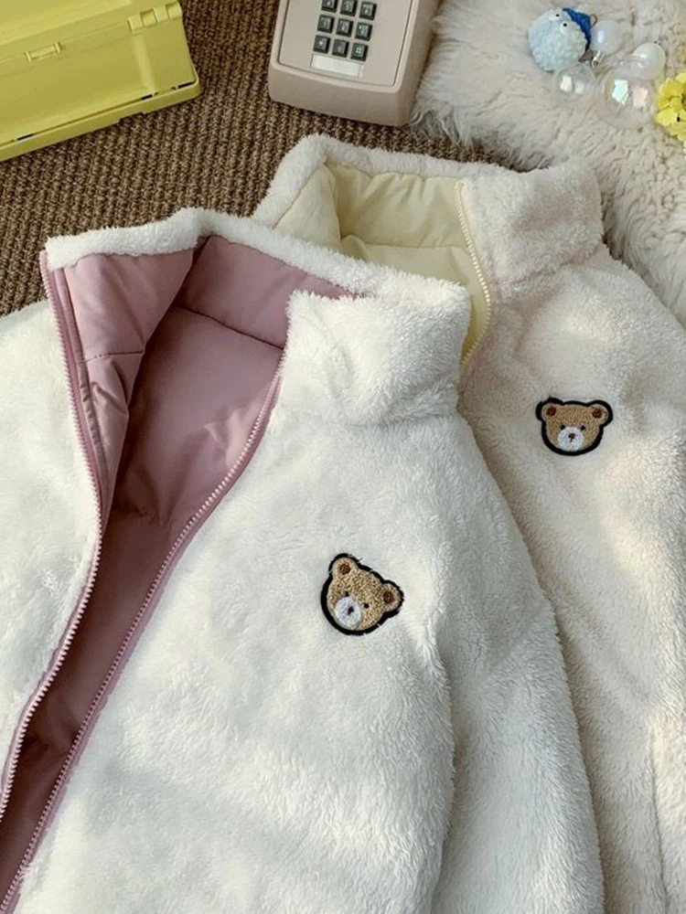 Jmprs Cute Embroidery Women Parkas Coat Winter Thick Hairy Korean Loose Warm Double Sided Design Pink Student Clothes