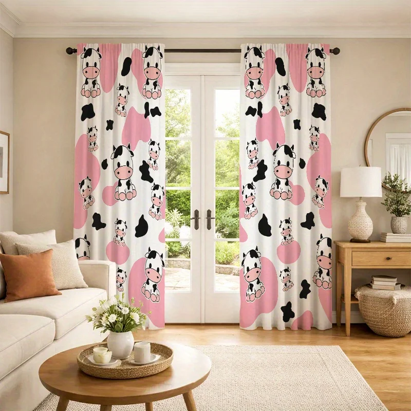 2PCS Cartoon Curtains, Cow Pink Spot Animal Cute, Digital Print, Bedroom Living Room, Rod Pocket Polyester, Home Decor