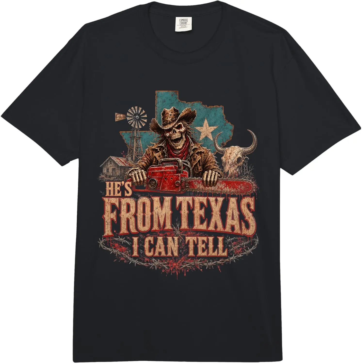 Hes From Texas I Can Tell Cowboy Chainsaw Horror Comfort Colors Adult Heavyweight T-Shirt Fun 100% Cotton Short-Sleeve Shirt – A