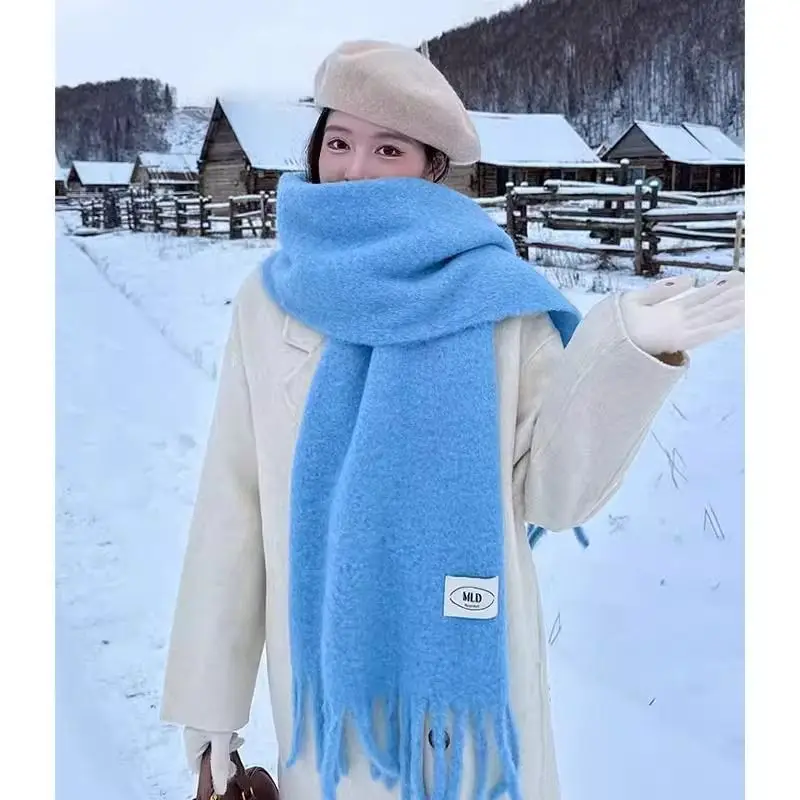 

Blue Cashmere Scarf for Women Winter Korean Style Atmosphere Solid Color Warm Thickened Neck Warmer Scarf Shawl To Match Coat