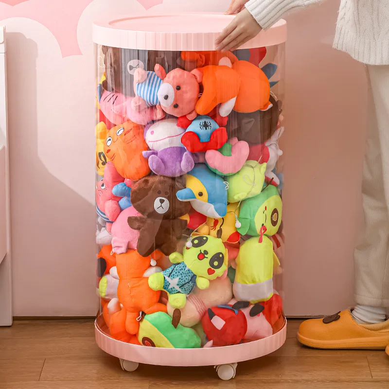 Plush Bucket Children\'s Toy Box Doll Storage Container Cylinder Rotation Transparent Moistureproof Storage Tube Organizer