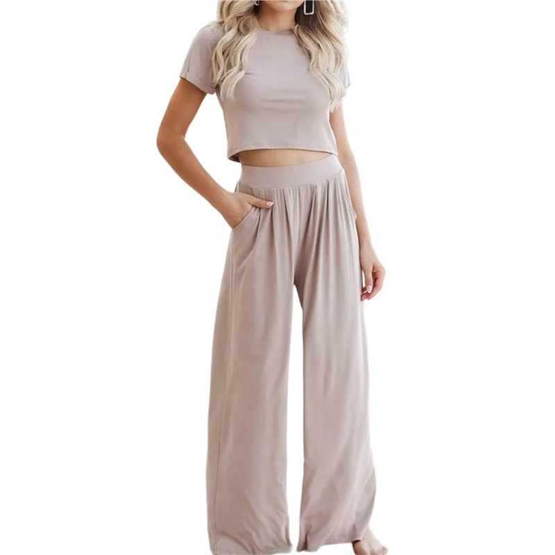 Setelan Kasual Wanita A09P Dua Potong Atasan Lengan Pendek Dan Celana Panjang Lebar Setelan Kasual Serasi