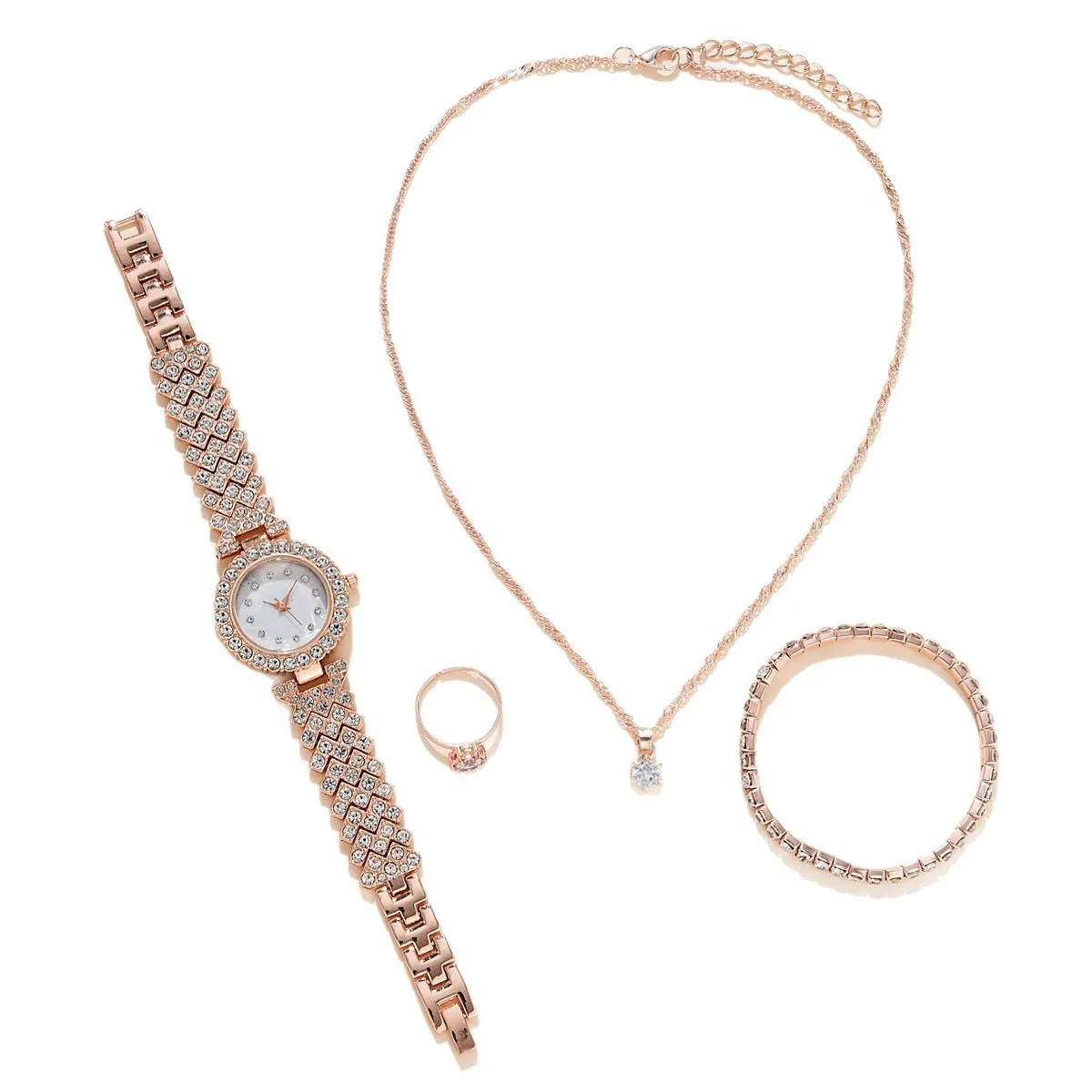 Luxury Women Quartz Watch with Diamonds Simple Stainless Steel Strap Clock Ring Necklace Earrings Rhinestone Set Reloj (no Box)