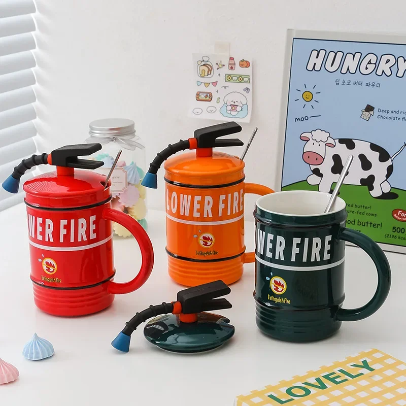 1pc 16oz Fire Extinguisher Style Coffee Mug with Lid and Spoon Fun Ceramic Mug Creative Styling Quirky Coffee Cup Drinkware Gift