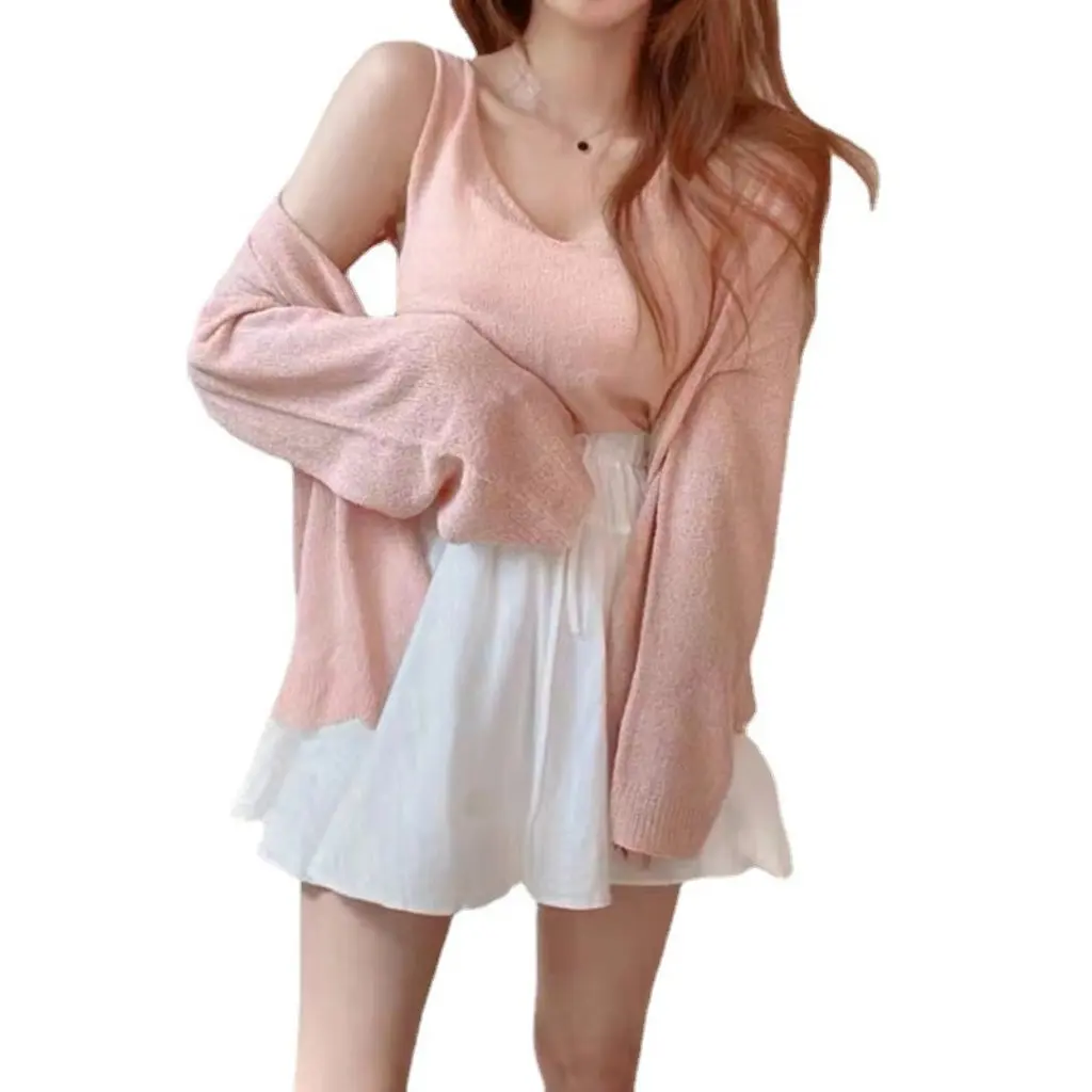 

Korean Style Women's Linen Vest Cardigan Spring Autumn Cool Loose Sun Protection Shirt Knitted Two-Piece Set Top