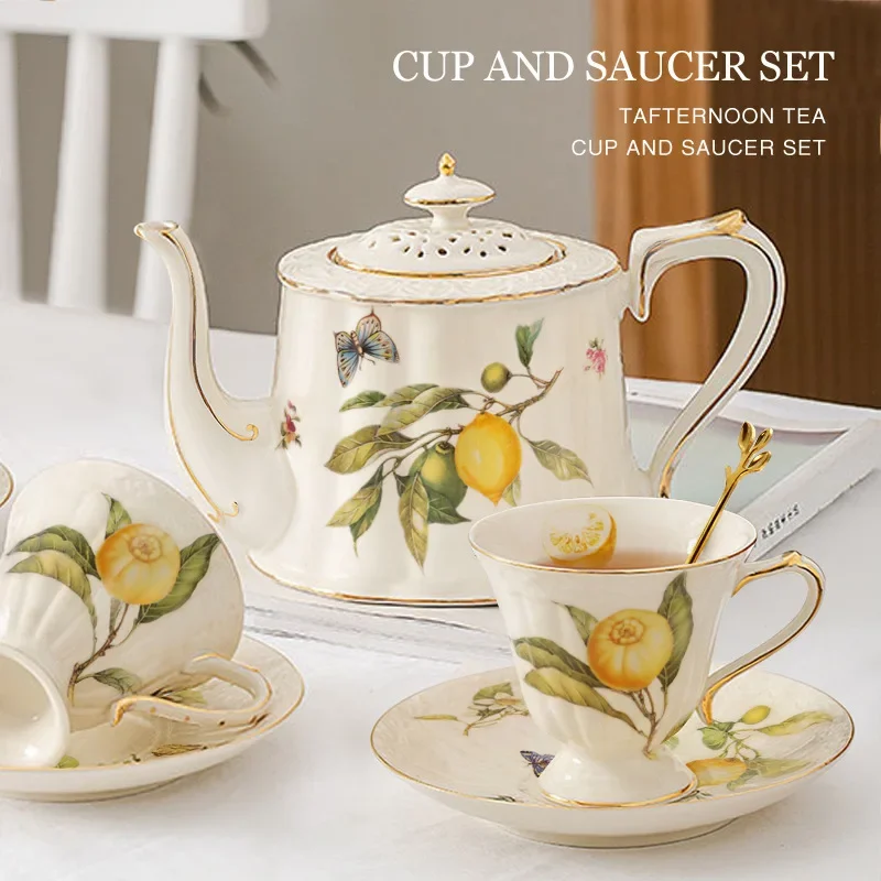 European Lemon Coffee Cup and Saucer Teapot Set Luxury Ceramic Espresso Kettle Tea Maker Sicilian Tania Bulhoes