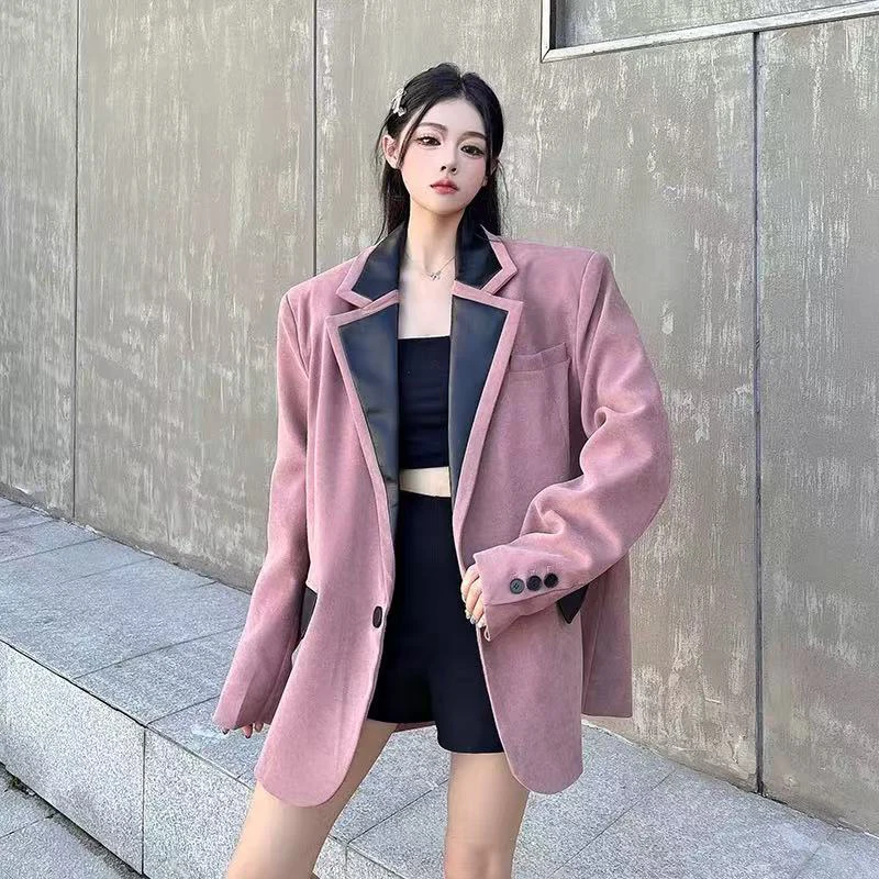 

Pu Leather Patchwork Suit Jacket Women Y2K Loose Streetwear One Button Blazer Female Fashion Office Lady Splicing Lapel Coats