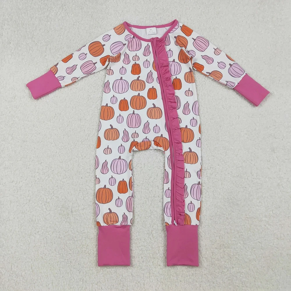 

Wholesale Baby Toddler Thanksgiving Fall Jumpsuit Girl Children Pumpkins Romper Newborn Coverall Kids Zipper Ruffle Bodysuit