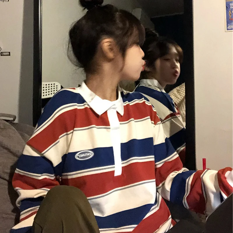 ファッションミックスカラーストライプスウェット女性ポロ襟長袖プルオーバー女性のためのルーズレターパターンプルオーバー Mujer