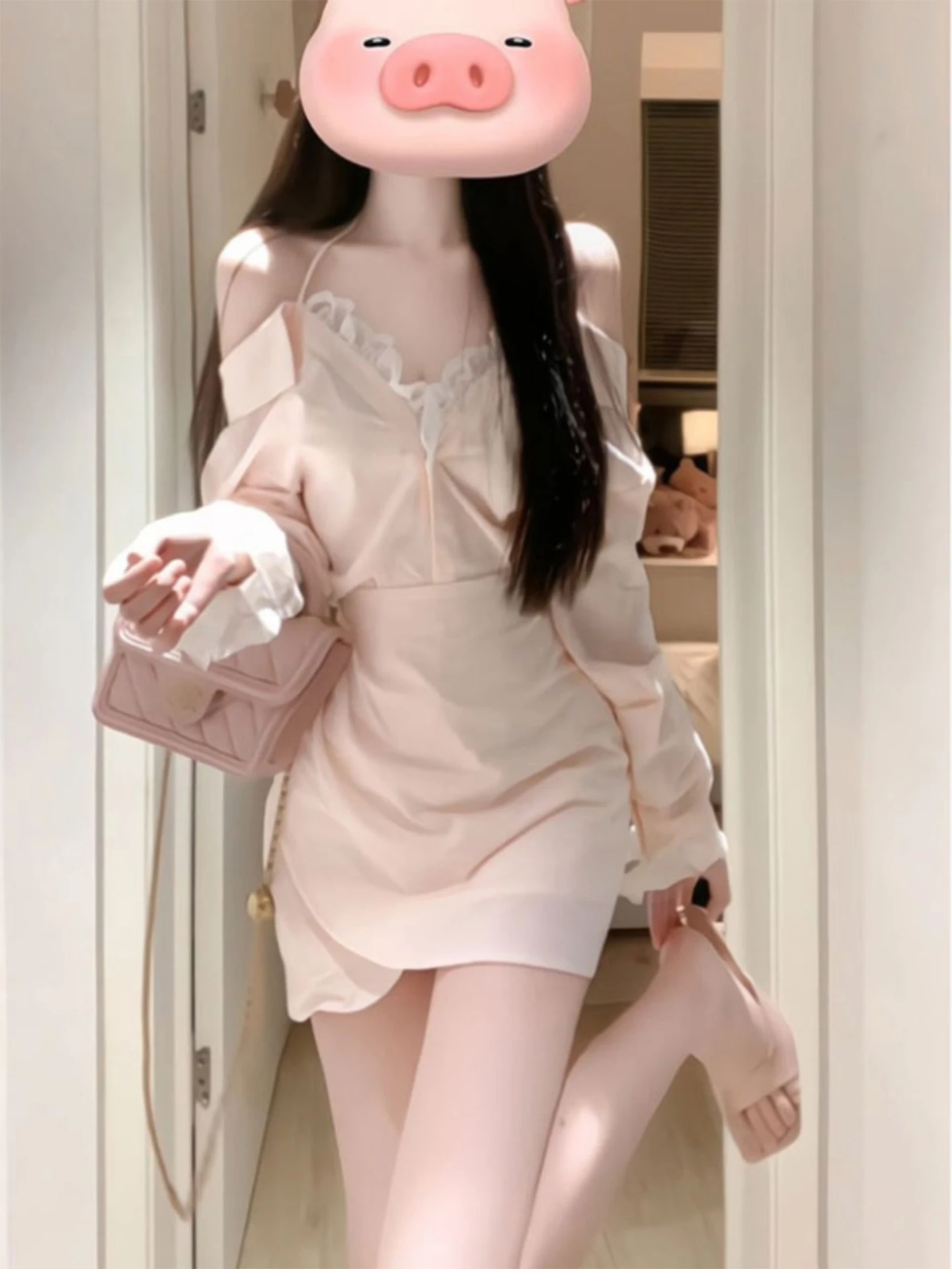 

Early Autumn Pink Off-Shoulder Long Sleeve Dress Korean Style Lace Collar Shirt Date Dress Women's Pure Desire Wind Shirt Dress