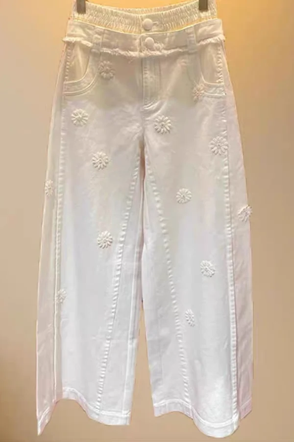 

Gagarich 2026 Spring Autumn New Style Versatile Loose High Waist 3D Daisy Decoration White Jeans Wide Legs Pants