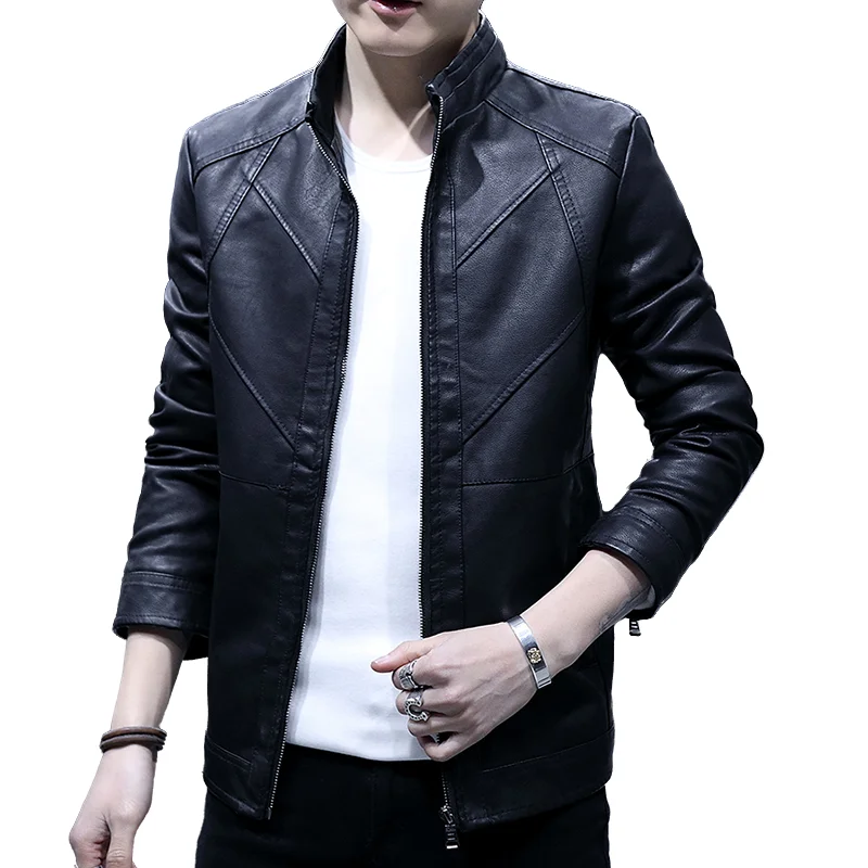 

Модная мужская куртка из искусственной кожи на осень-зиму, однотонная, с воротником-стойкой, из ПУ-кожи, в стиле байкерской куртки, стильное мужское пальто