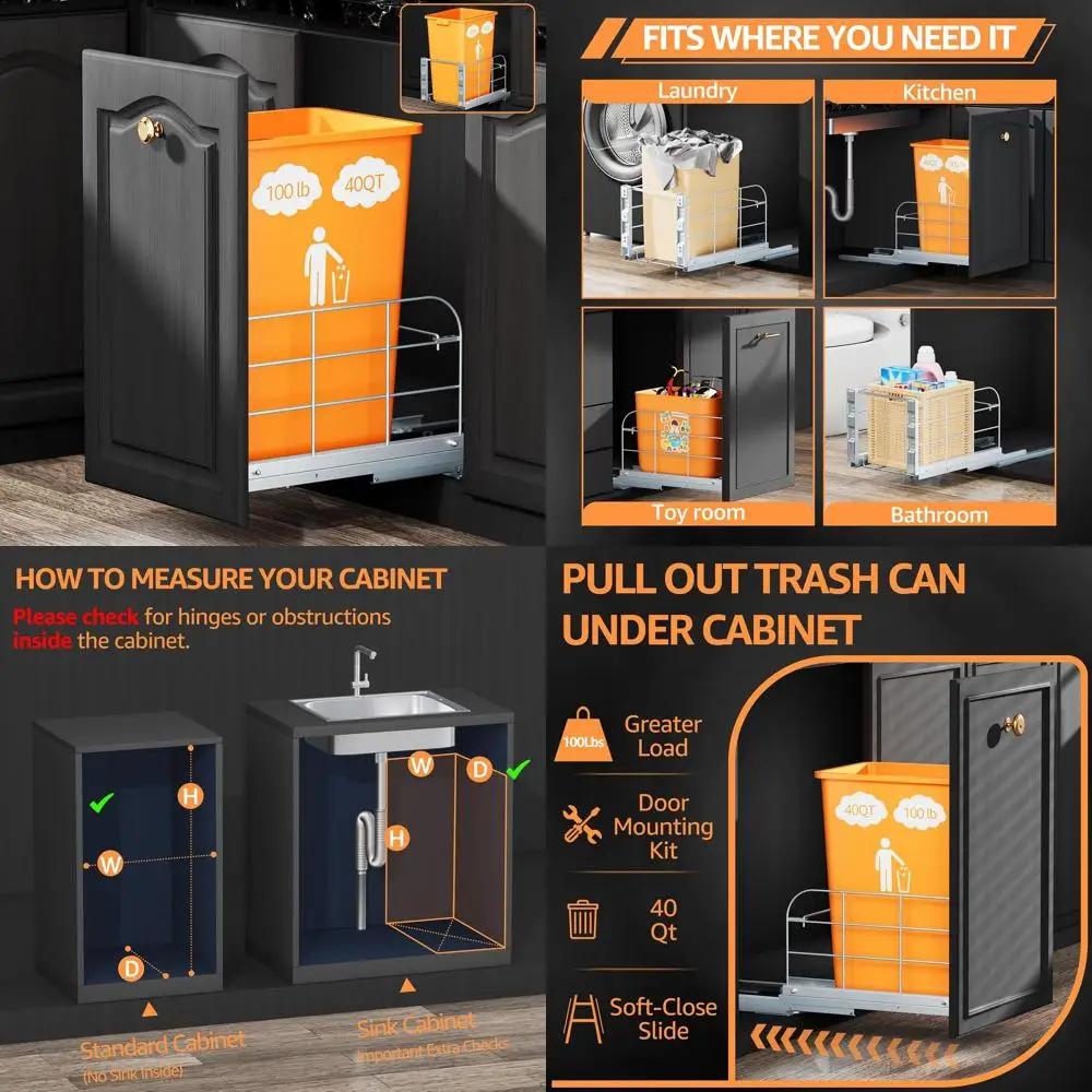 

Soft-Close 40 Qt Pull-Out Trash Bin for Kitchen Sink, Heavy Duty, Requires 12W x 17D Cabinet Space