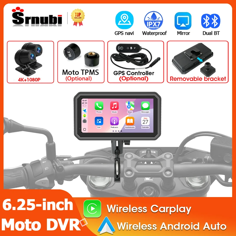

Srnubi 6.25" Motorcycle DVR Navigator 4K Front+1080P Rear Cam Wireless CarPlay Android Auto Motorbike Mirror-link With Moto TPMS