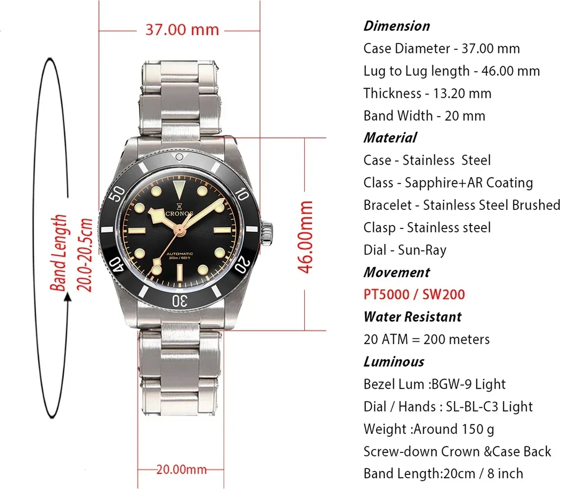 Cronos BB54 luksusowy zegarek dla mężczyzn 37mm w stylu Vintage automatyczne zegarki na rękę żeńskie linki końcowe Sapphire 20 Bar wodoodporne BGW-9 C3 Lum