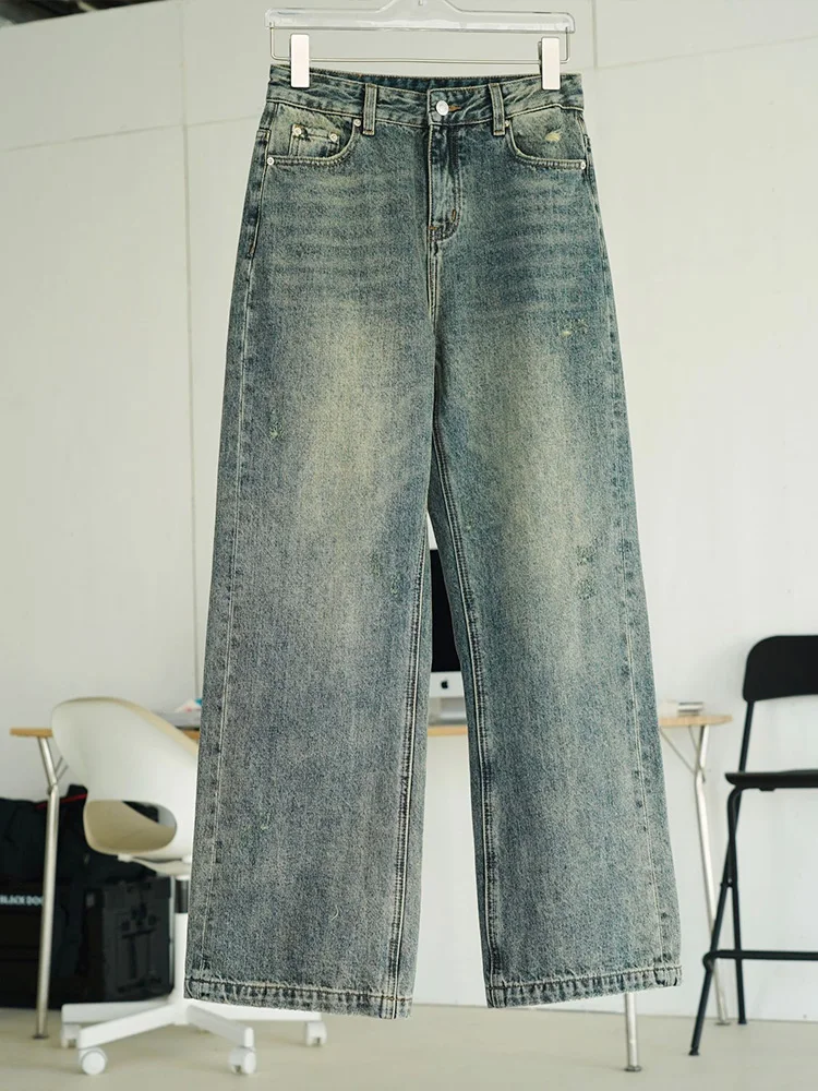 Jeans feminino retrô lavado e angustiado, calças jeans retas soltas, calças de perna larga, streetwear Y2K, primavera de 2022