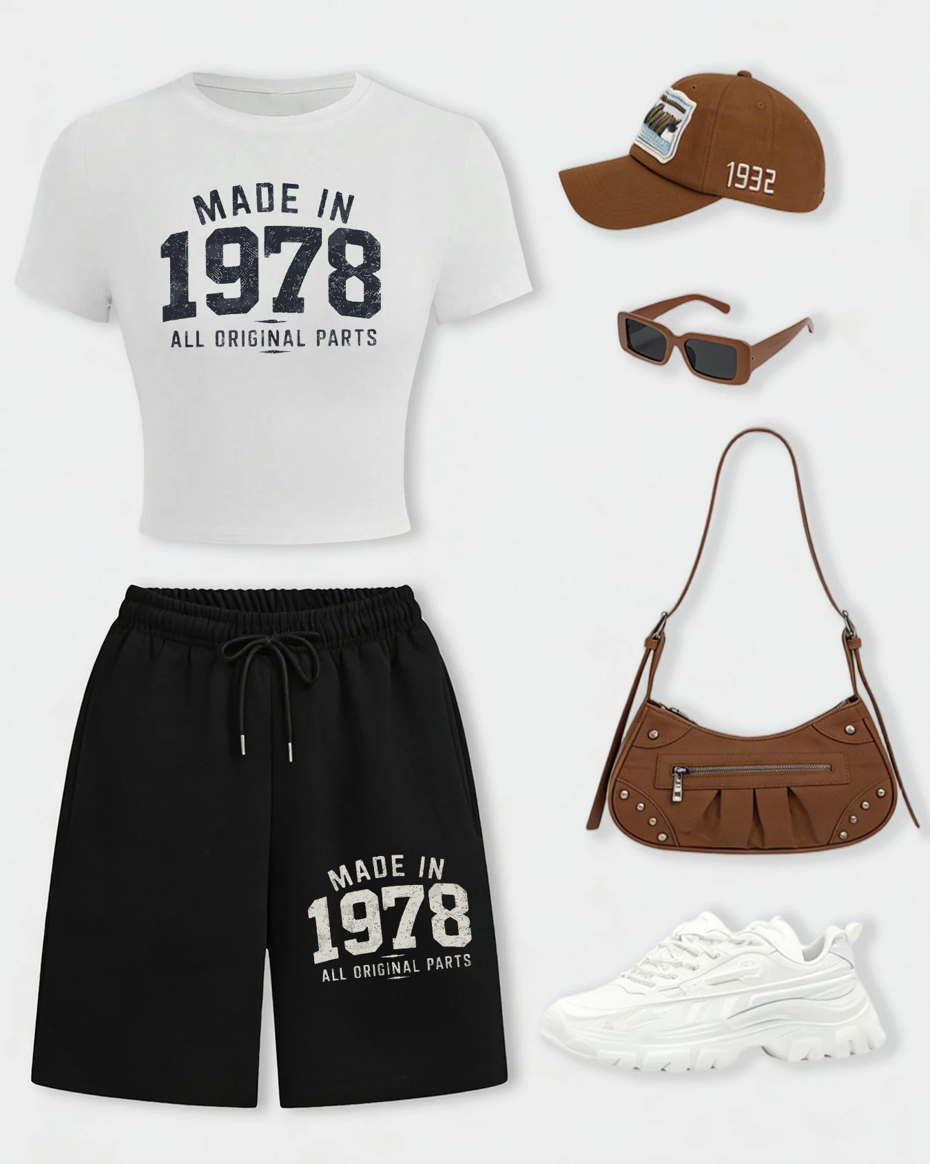 

Made In 1978 All Original Parts Print Crop T Shirts Suits Women Slim Cotton T-Shirt Drawstring Wide-Leg Pant Summer Shorts