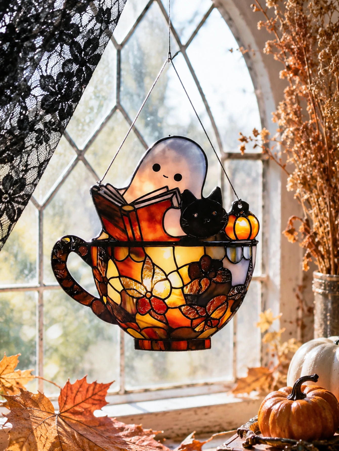 Home Decor Halloween - Cute Ghost Reading Book With Black
