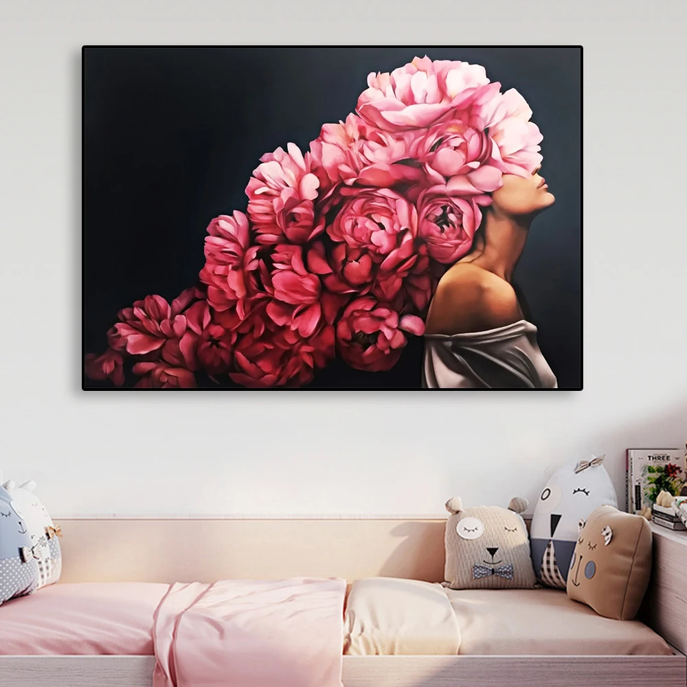 Abstract Flower Head Woman Poster Girl Flower Head Girl Prints Pink Rose Head Girl Canvas Painting Wall Art HomeRoom Decor