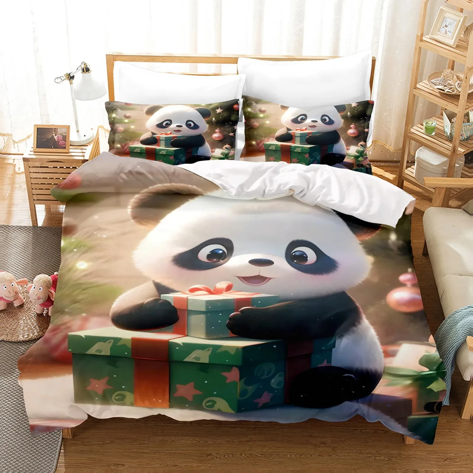 Panda dos desenhos animados Conjunto de cama para crianças, capa de edredão bonito, fronha, cama queen size, Conjuntos de conforto do quarto familiar, presente