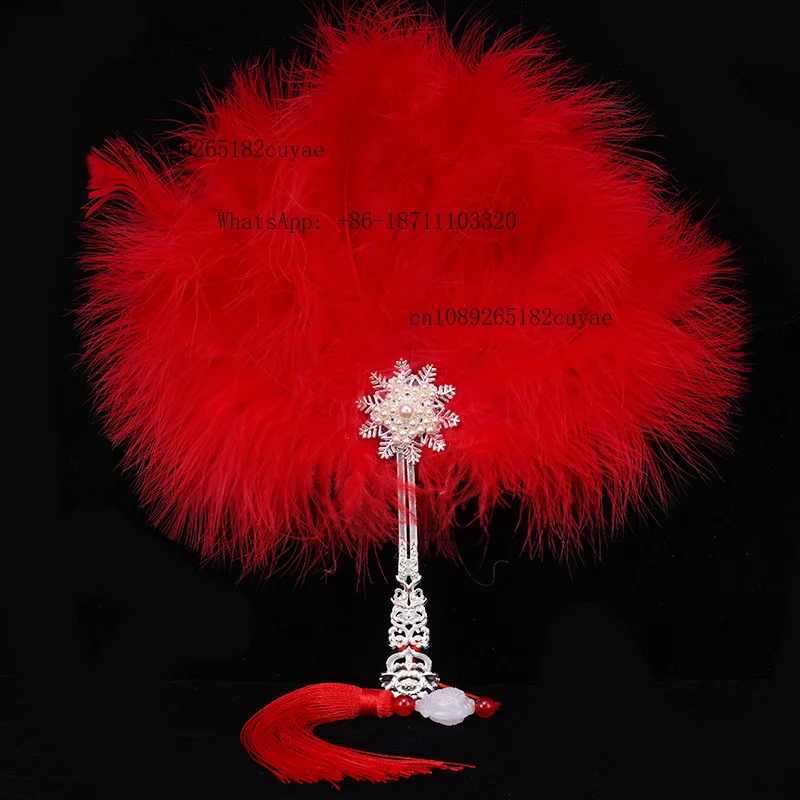 Wedding Bride Ostrich Feather Dyed Round Fan 70cm Photography Prop Bridal Shoot Handheld Traditional Happy Fan