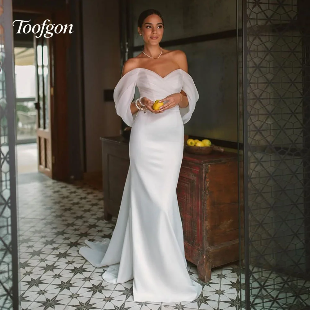 

Toofgon Elegant Sweetheart Mermaid Wedding Dresses Satin Organza Off Shoulder Bride Gown Backless Long Train Beach Bridal Gowns