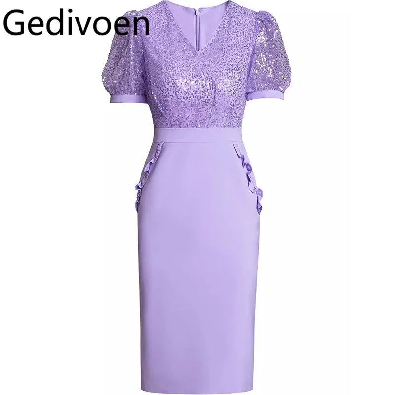 Gedivoen Summer Fashion Runway Designer abiti da donna Vintage paillettes Ruffles temperamento glutei che coprono abiti spaccati