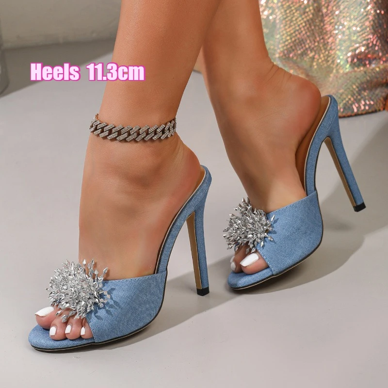 

Summer Women 11.3cm Denim High Heel Mules Sparkly Crystal Open Toe Slippers For Club Date Bridal Banquet Shoes