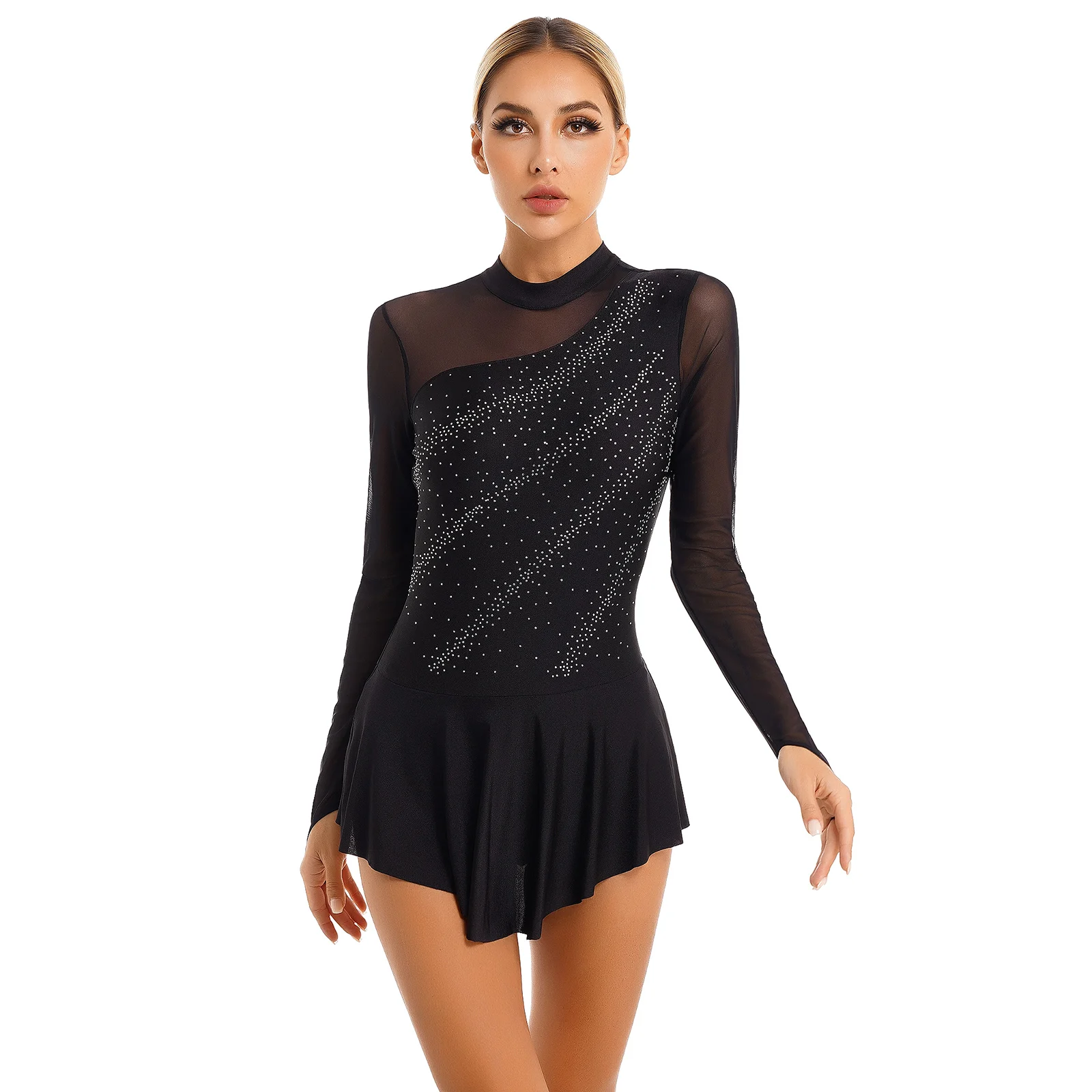 Womens Figure Skating Jumpsuit Sheer Mesh Splice Long Sleeve Dancewear Ballet Dress Rhythmic Gymnastics Leotard Dancing Bodysuit