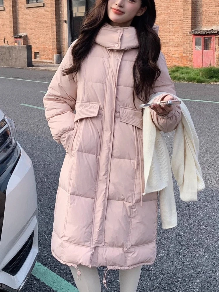 2025 New Down Jacket Women Korean Casual Loose Long Over Knee Hooded Parkas Winter Thicken Wear White Duck Puffer Coat Outerwear