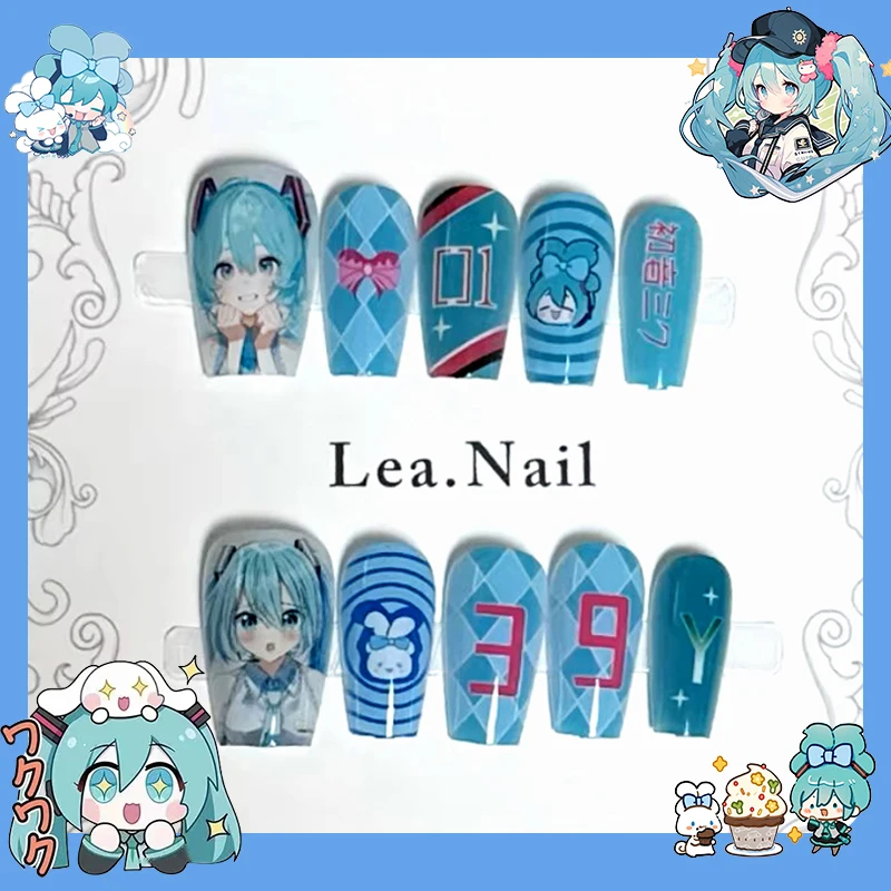 Hatsune Miku 2D Style Blue False Nails Cute Cartoon Anime Fans Y2k  Artificial Nail Art Manicure Press on Nail Tips 10pcs