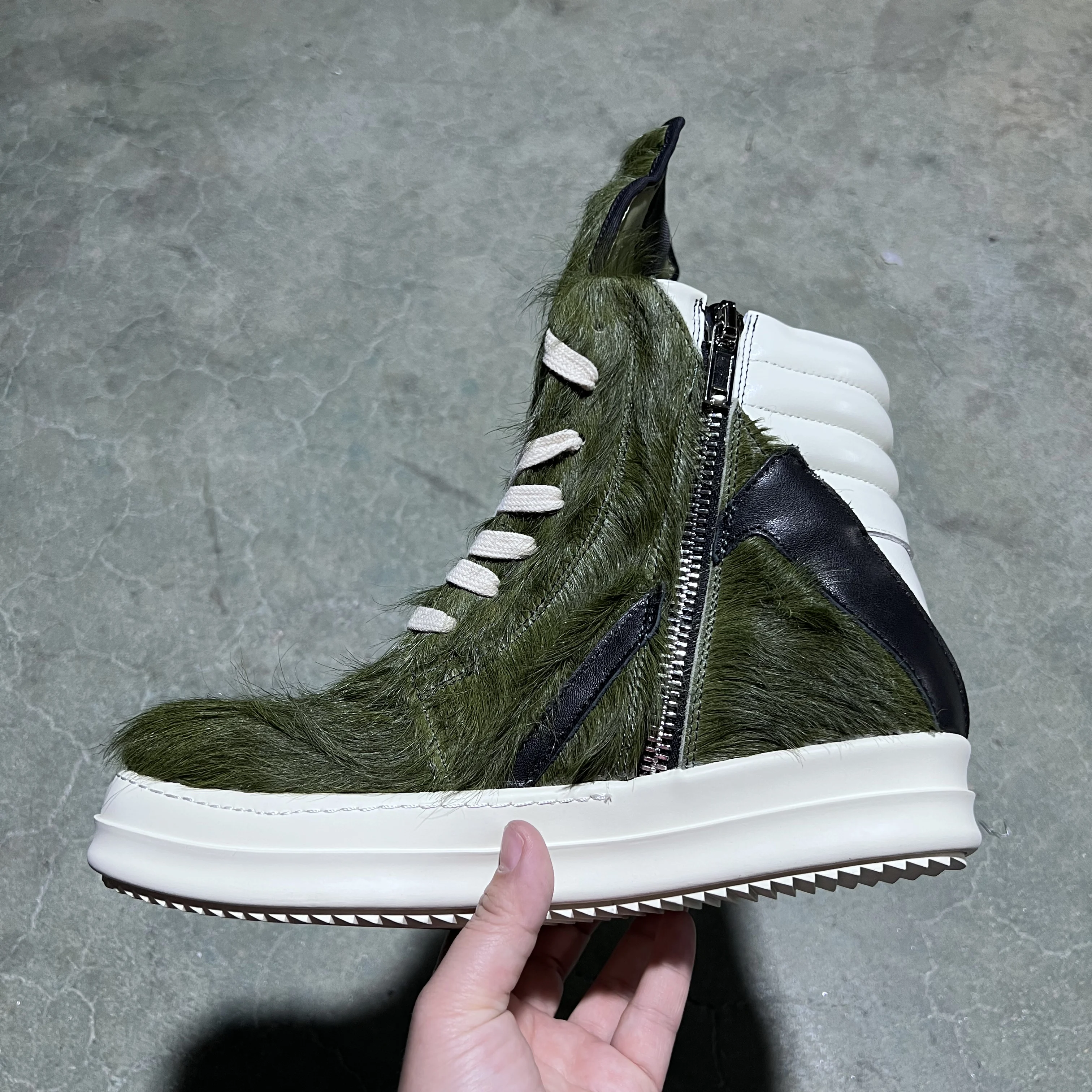 Brand Women Designer Ankle Boot Horse Fur Casual High Top Men Sneaker Leather Geobasket Army Green Zip Quality Thick-sole Shoe