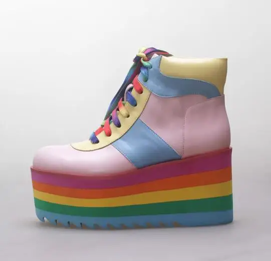 

Girls Pink White Blue Patchwork Genuine Leather Rainbow Thick Sole Platform Height Increasing Lace Up Ankle Wedge Boots Sneakers