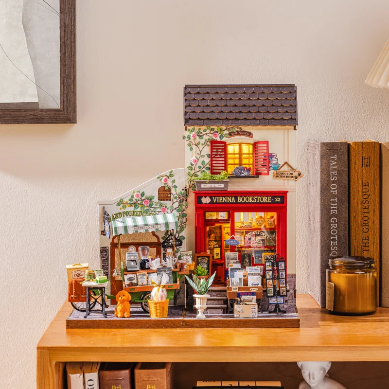 2 Story Foldable European Bookstore Miniature DIY Kit Retro Vienna Style Diorama Shelf Display Model for Adults Teens