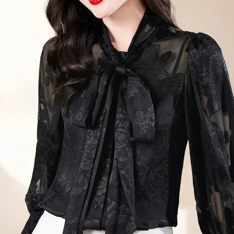 

Chiffon Shirt for Women's Spring and Autumn New Style High-end Temperament Shirt Loose Butterfly Bow Ribbon Top E8962
