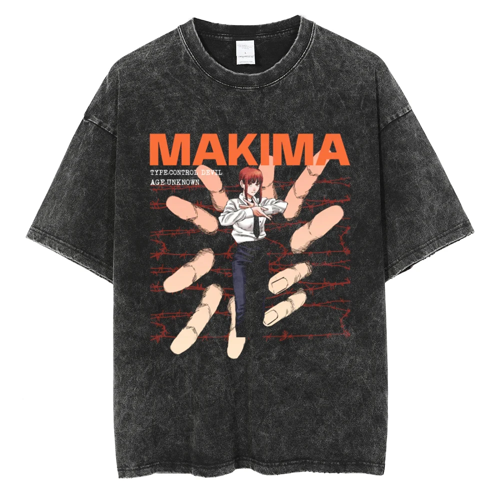 

Vintage Washed Black Tshirt Men Fashion Streetwear Anime Graphic Print T-shirt Harajuku