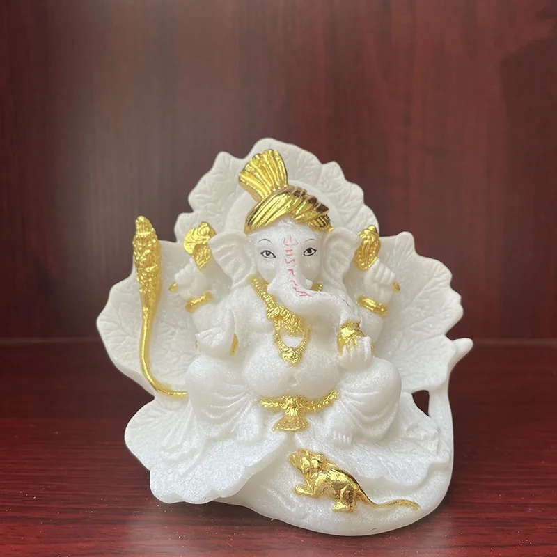 

Статуя Лорда Ганеши из белой смолы с золотыми акцентами, фигурка индуистского бога с мышкой для домашнего декора