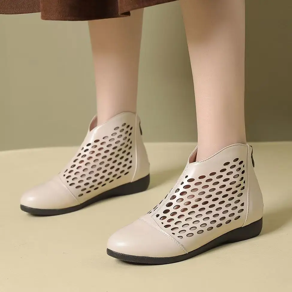 Botas de tobillo de cuero genuino para mujer, tacón bajo, estilo caña, primavera-verano, suela suave, talla grande, transpirables, punta redonda, caña alta, botas modernas.