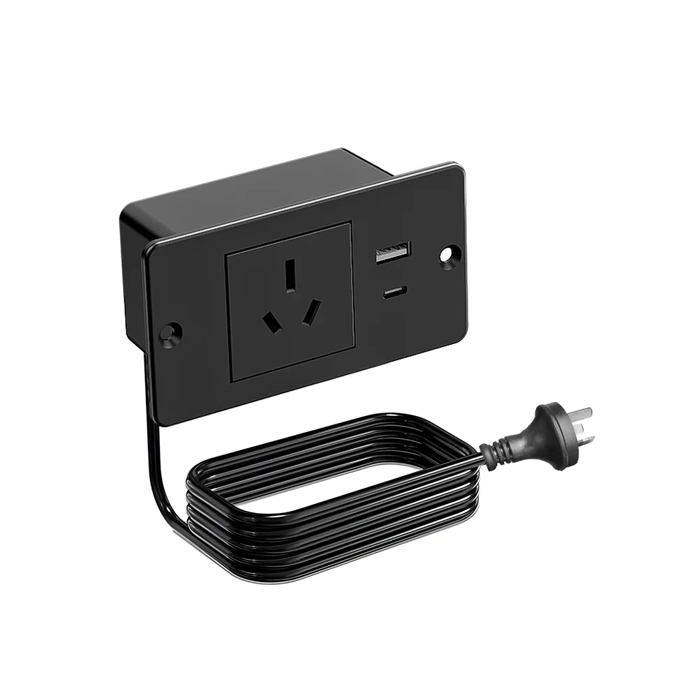 1500W Small Recessed Power Strip with Surge Protector and USB AU Standard Flush Mount Desk Cord Hidden Charging Station Black