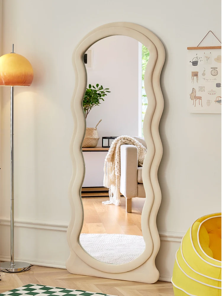 

Online celebrity full-length mirror floor mirror home girls bedroom mirror wave shaped cream ins wind fitting mirror.