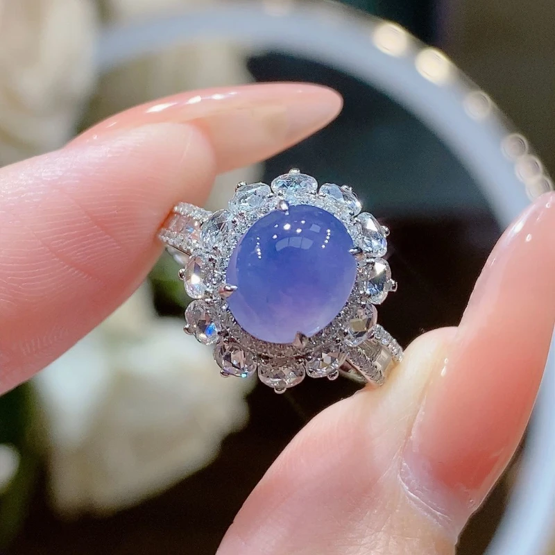 

Natural ice chalcedony rings for women's violet flower engagement ring Silver luxurious crystal exquisite wedding jewelry