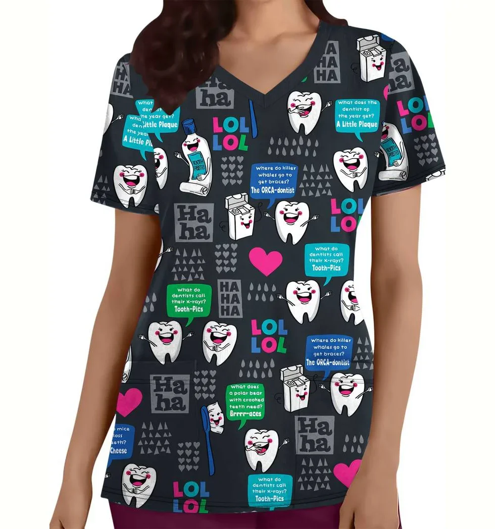 

Clinical Uniform Woman Tooth Pattern Print Dental Nurse Tops Casual V-Neck Short Sleeve with Pockets Nursing Uniform for Women