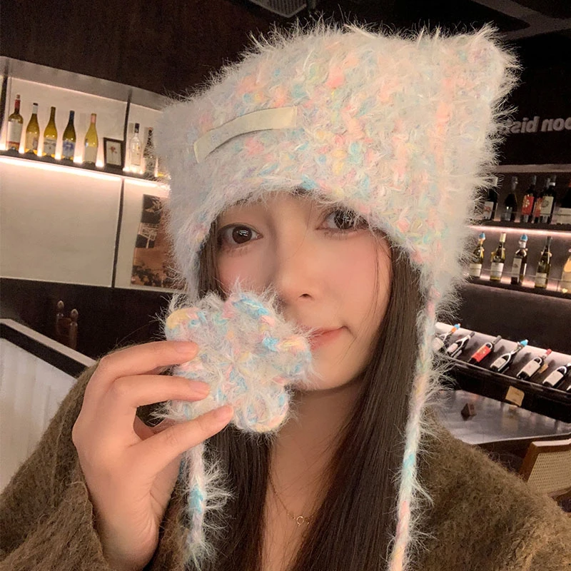 High Quality Cute Cat Ears Ear Protection Plush Pullover Hat Winter Warm Knitted Imitation Mink Lace-up Women Skull Beanie Cap