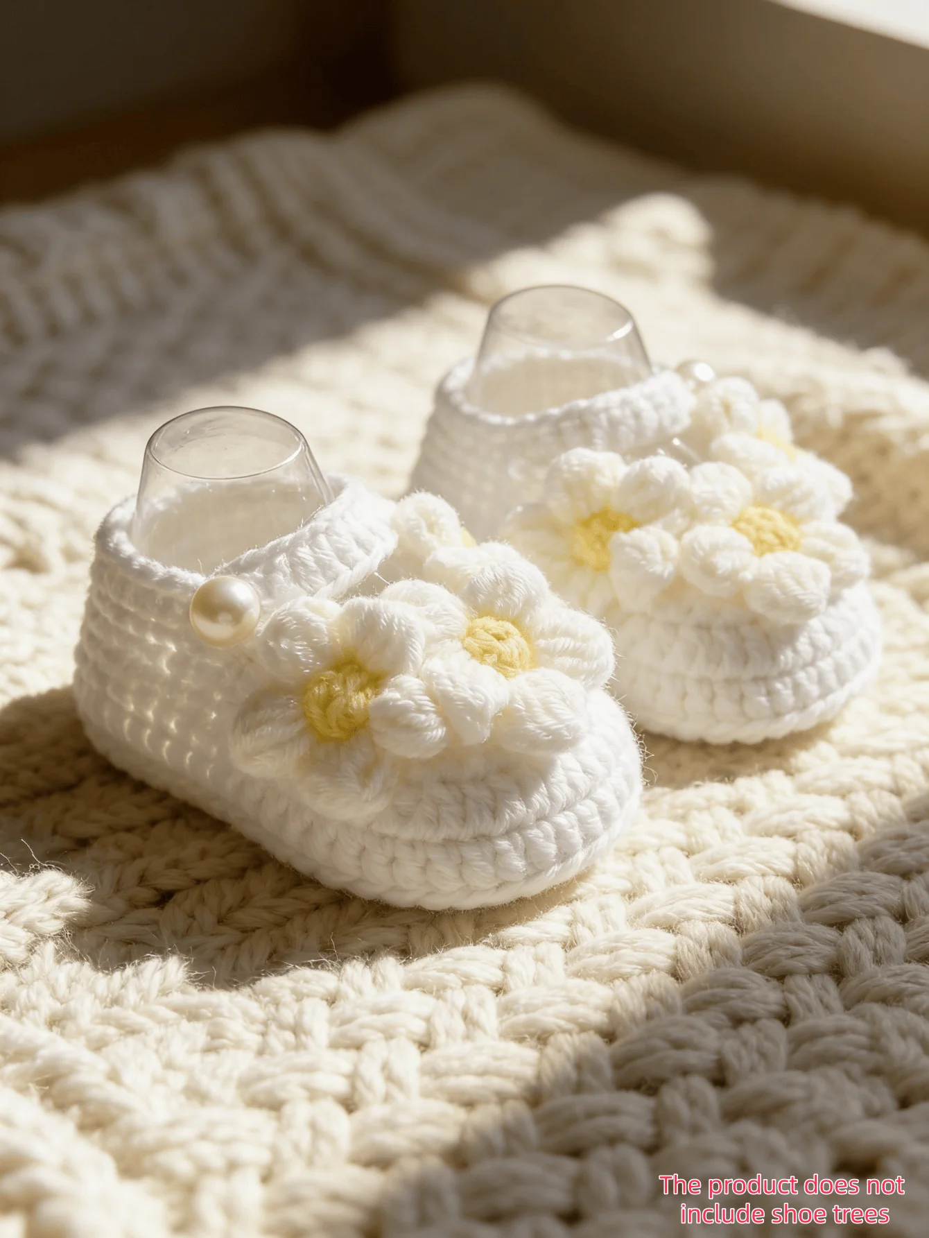 1 Pair Handmade Crochet Baby Booties, White, Daisy Flower Detail with Pearl Button, Newborn Shoes