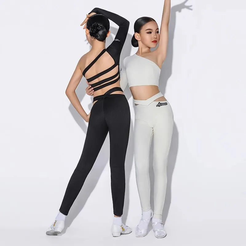 ممارسة الرقص اللاتينية زي المنحدرة الكتف عارية الذراعين السراويل جوفاء تشاتشا رومبا تانجو اللاتينية ملابس تدريب الرقص DN22178