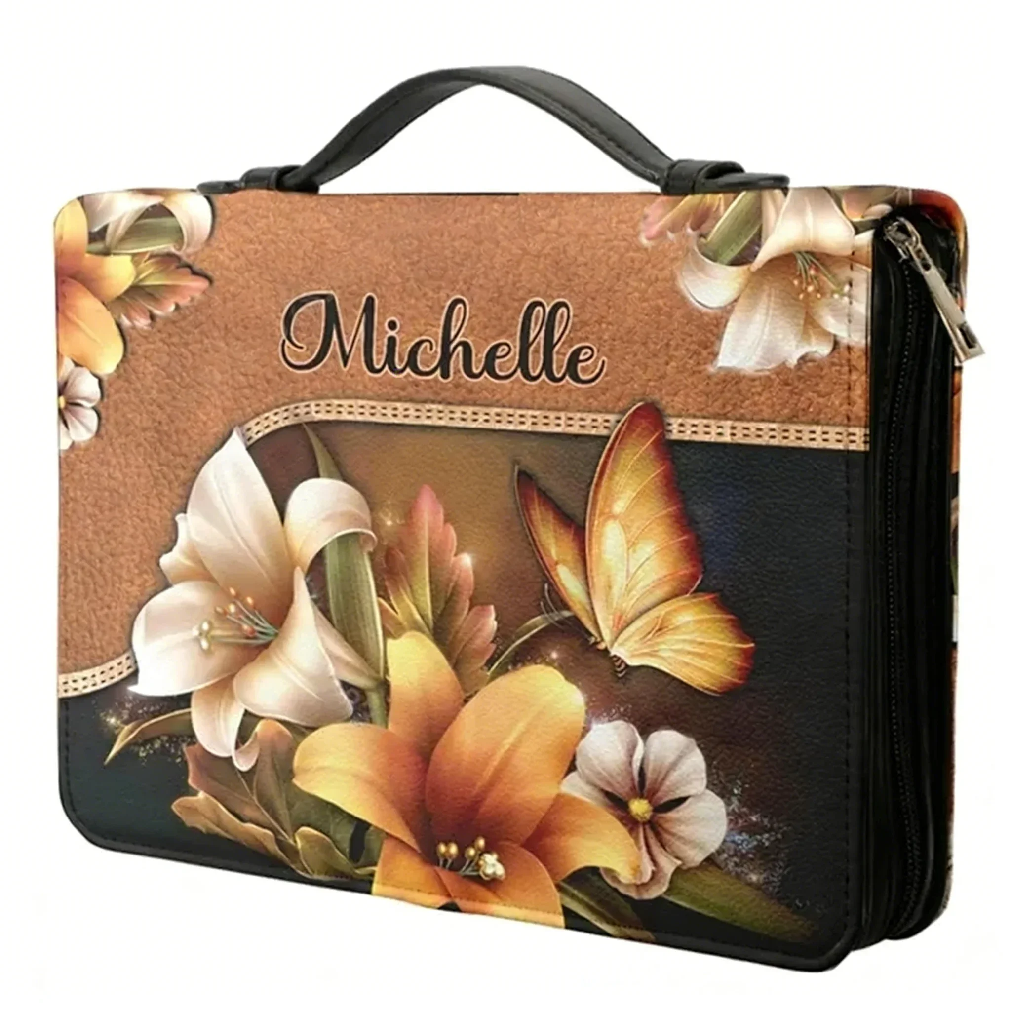 Women's PU Leather Christianity Bible Bag Pretty Floral Butterflies Bible Hymns Print Personalized Bible Cover Paquete Bíblico
